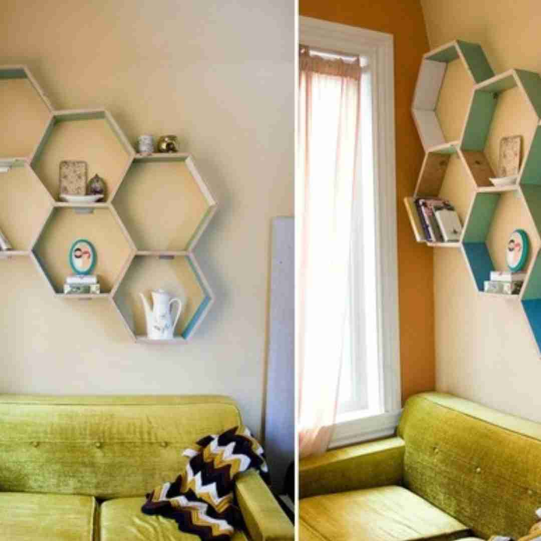 Hexagonal wall shelves made from honeycomb boards as an alternative to wood and timber boards, showcasing their lightweight and versatile design in a modern living room.