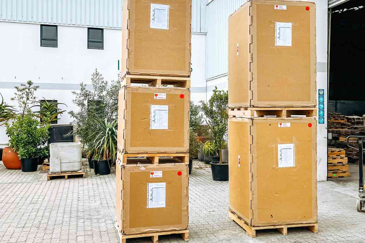 Custom-made freight crate pallet boxes with timber pallets, stacked and ready for shipping