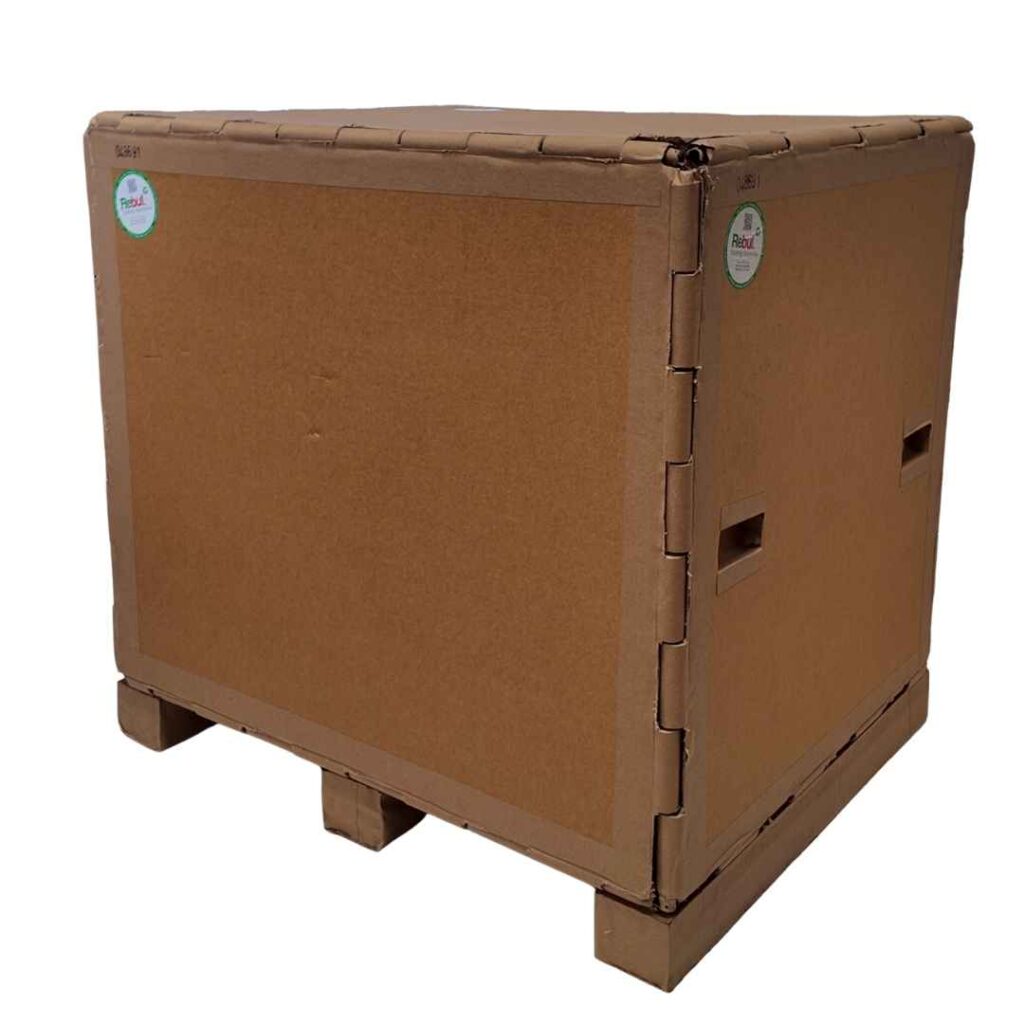 Assembled flat-packable freight crate made from honeycomb board with integrated pallet base for export packaging