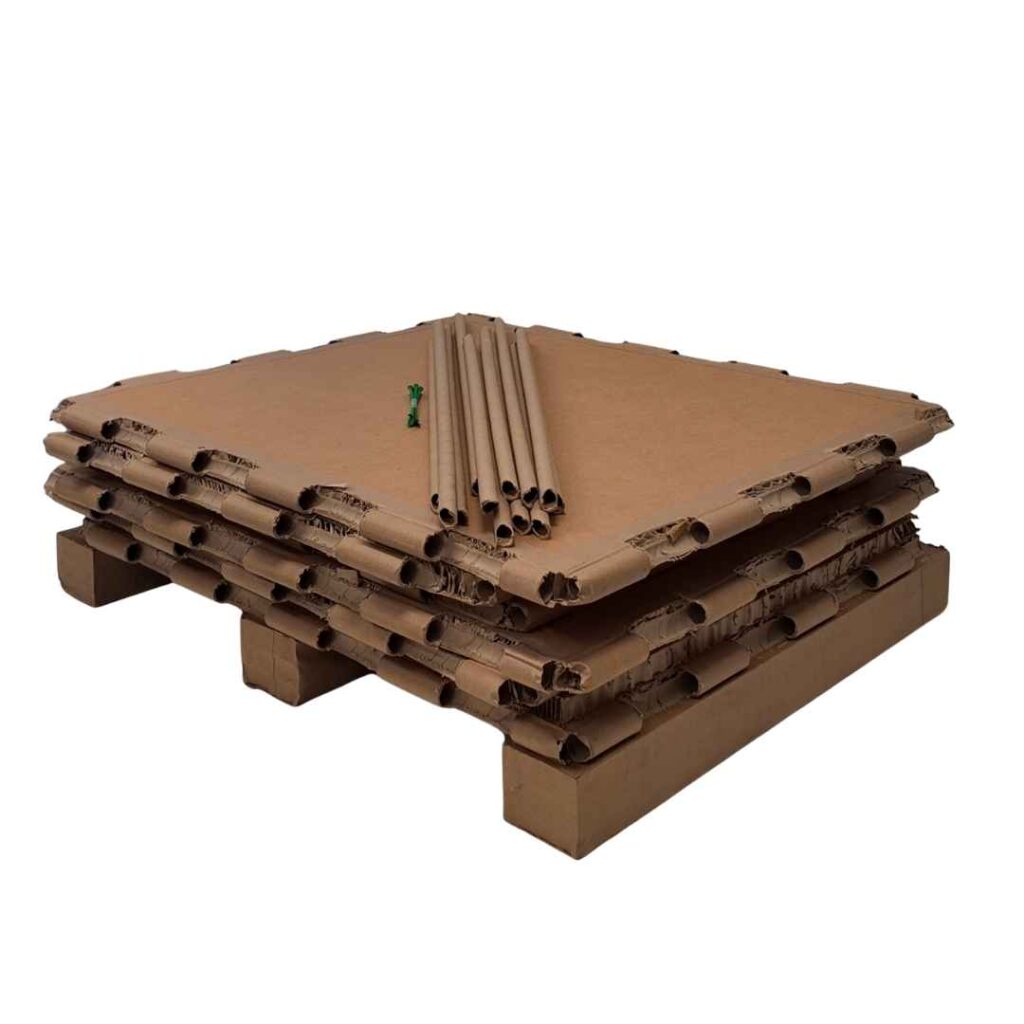 Flat-packed disassembled freight crate made from honeycomb panels for space-efficient storage and transport