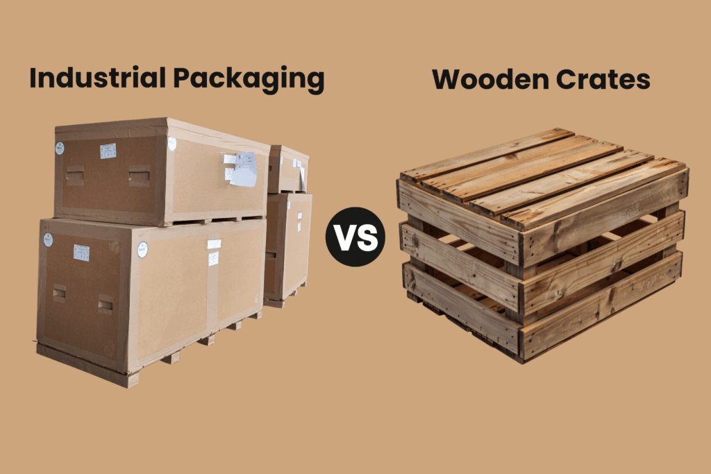 Side-by-side comparison of industrial packaging and wooden crates for export and industrial shipping