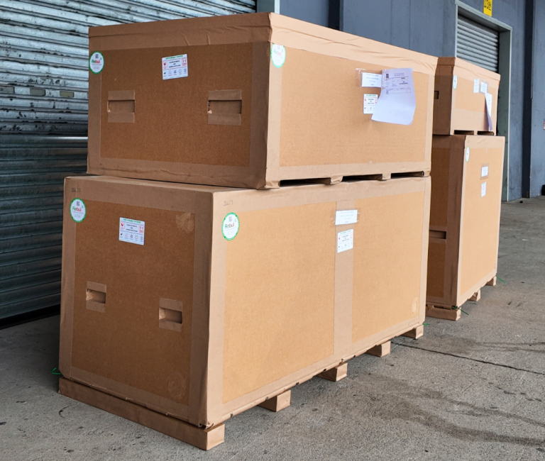 Completed industrial packaging solution prepared for transport after risk assessment