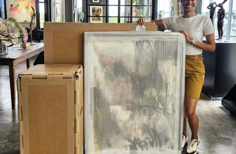Custom artwork crate protecting a large framed painting in Johannesburg.