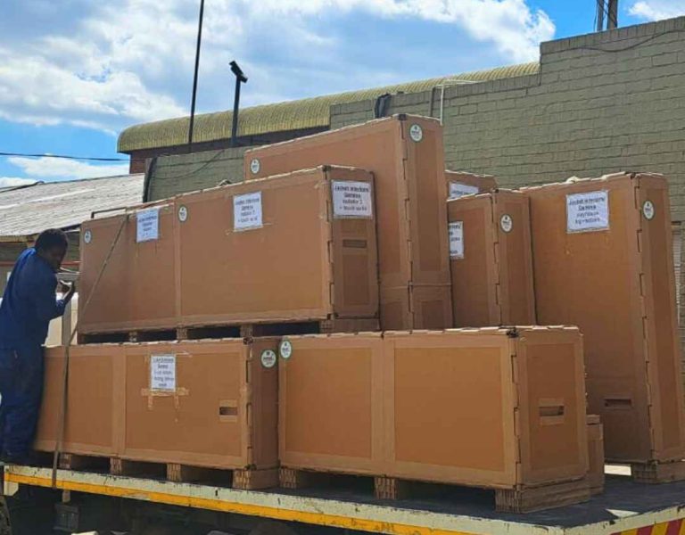 Industrial packaging crates loaded for transport and export logistics operations