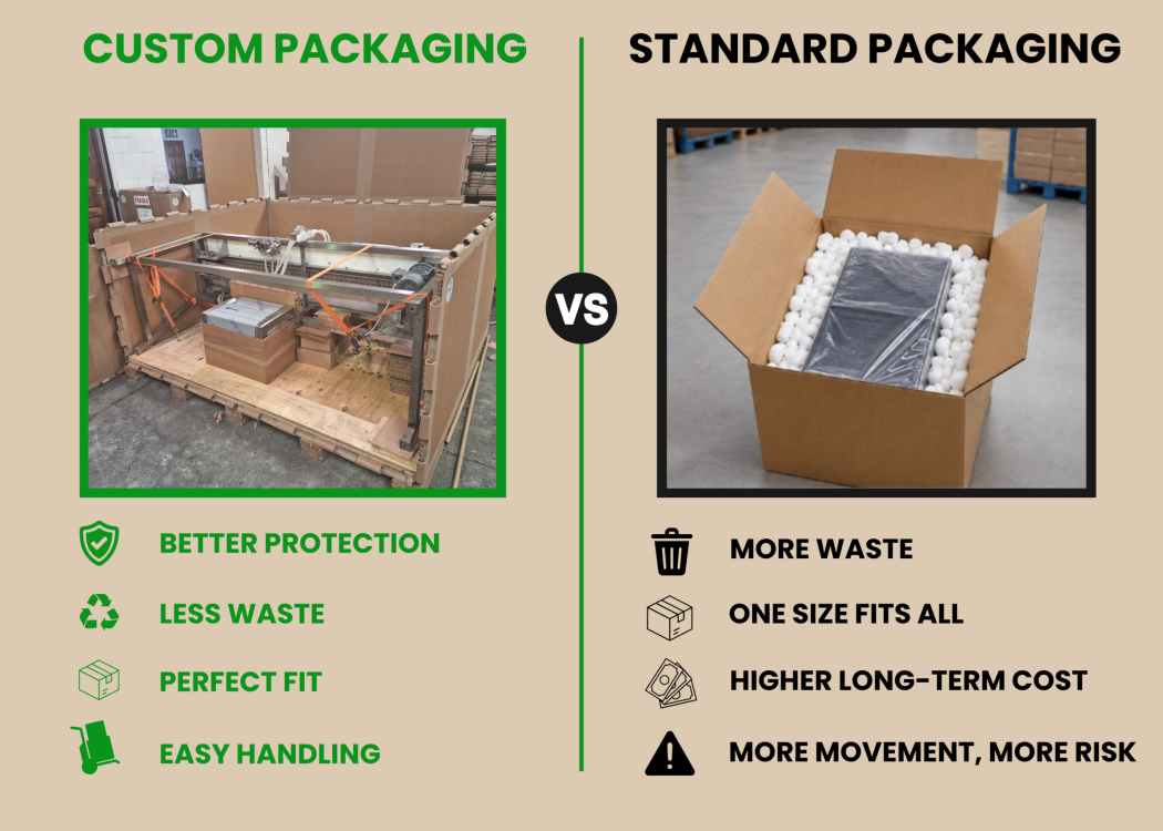 Custom packaging vs standard packaging comparison showing reduced movement and improved protection