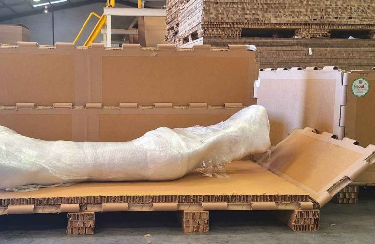 Freight crate with removable honeycomb panels opened around wrapped cargo on pallet base